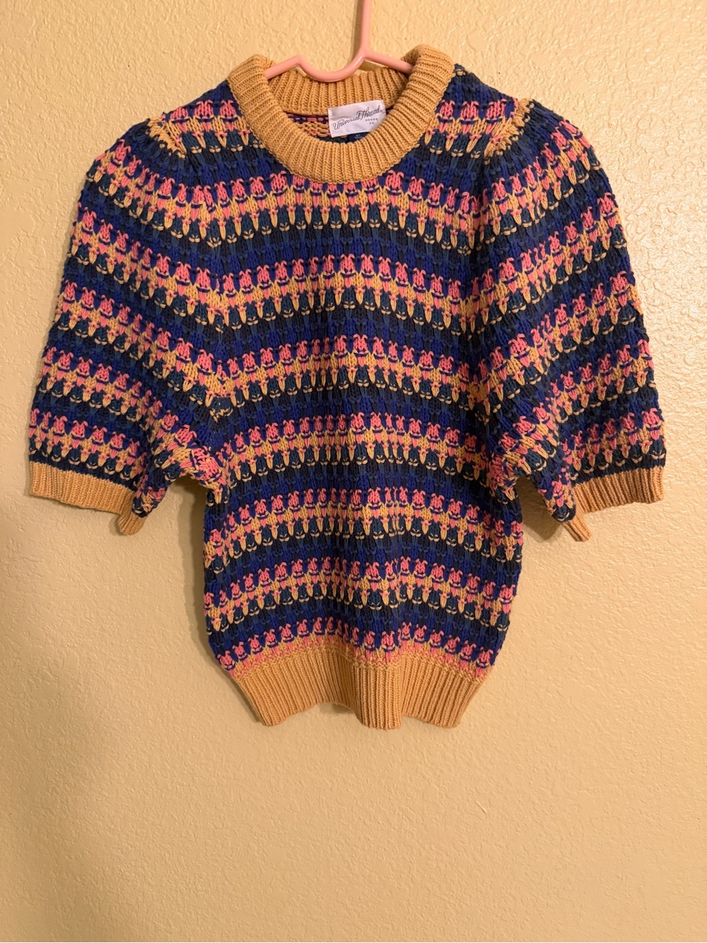 Universal Thread Multicolor Knit Puff-Sleeve Sweater in Navy, Pink & Mustard